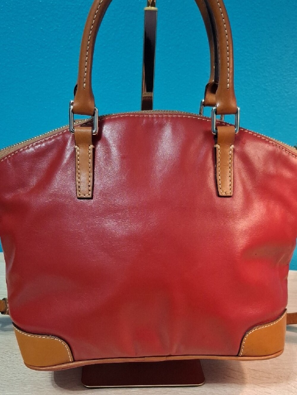 Dooney & Bourke Charli Red Leather Satchel with Brown Trim and Handles - Picture 6 of 14